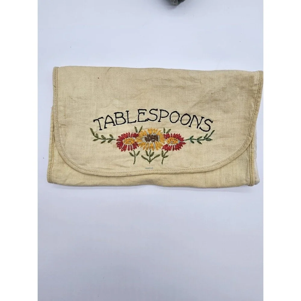 Vtg Cloth Tableware Holders Carriers Needlepoint Knives Tablespoons Set of 4